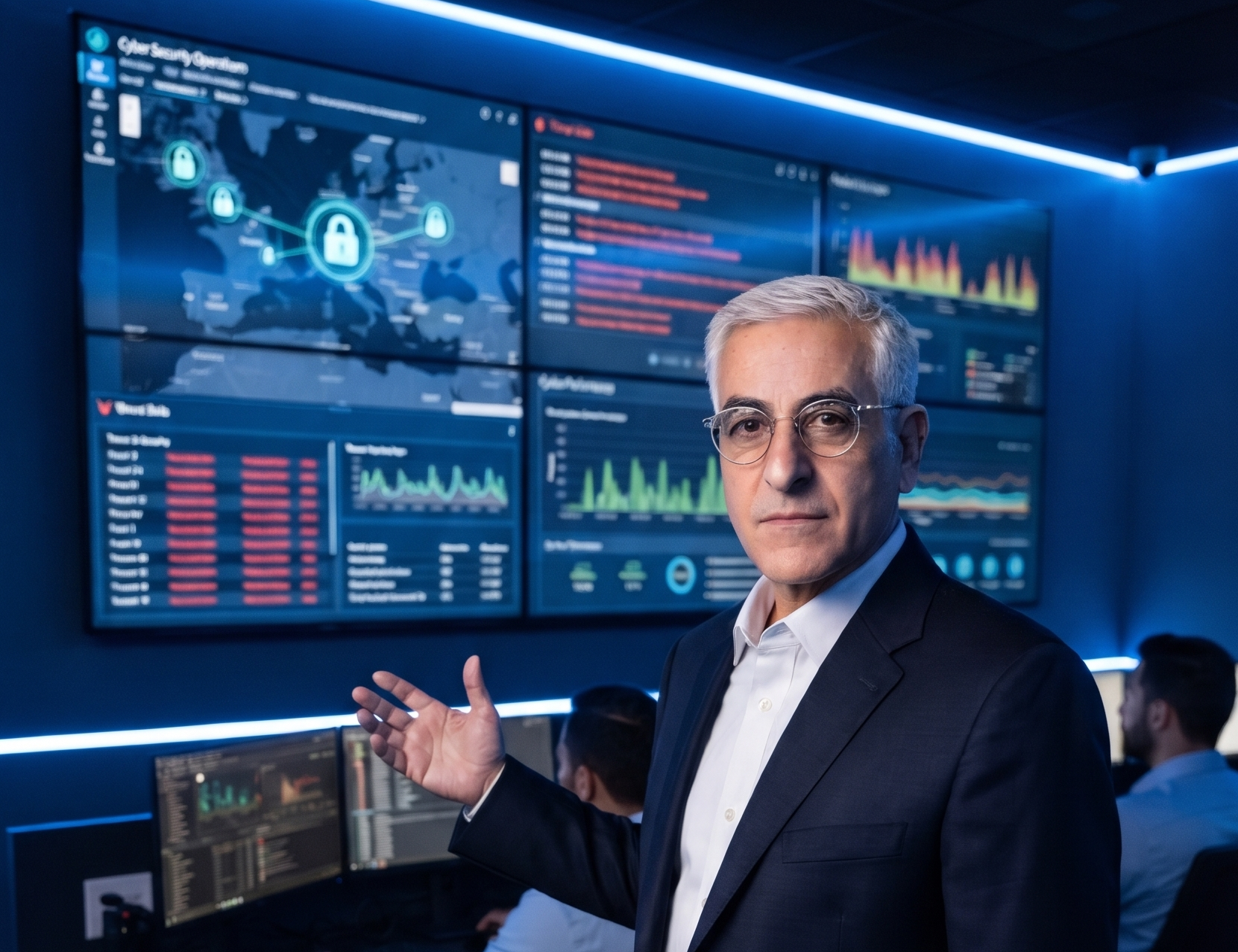 Ephraim Ohana in a cybersecurity operations center reviewing global threat data